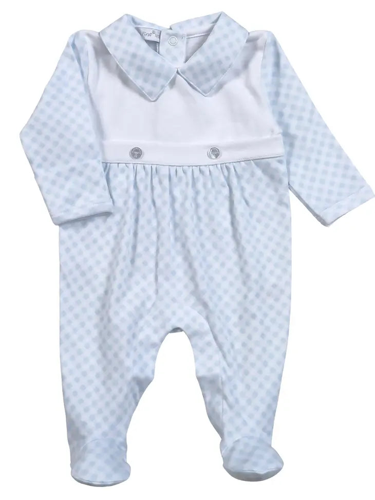 Louis Blue Gingham Two Button Bib Footie