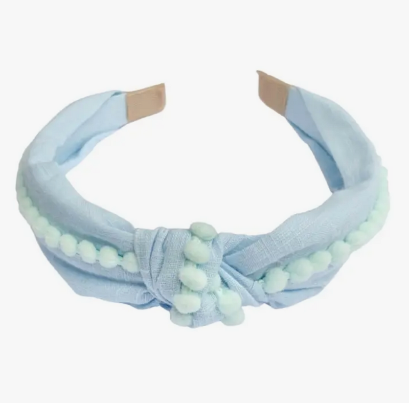 Preppy Pom Headband - Light Blue