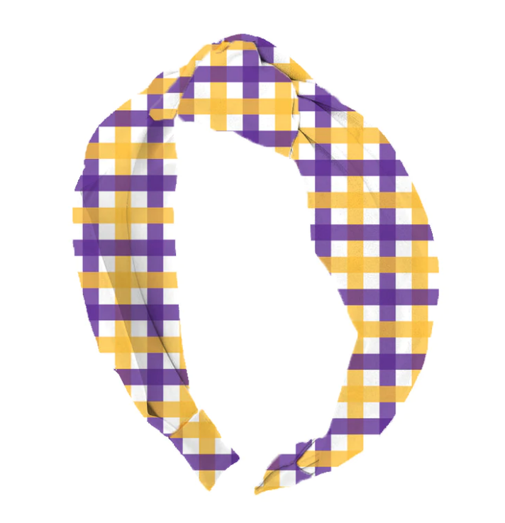 Top Knot Headband in Plaid Purple Yellow