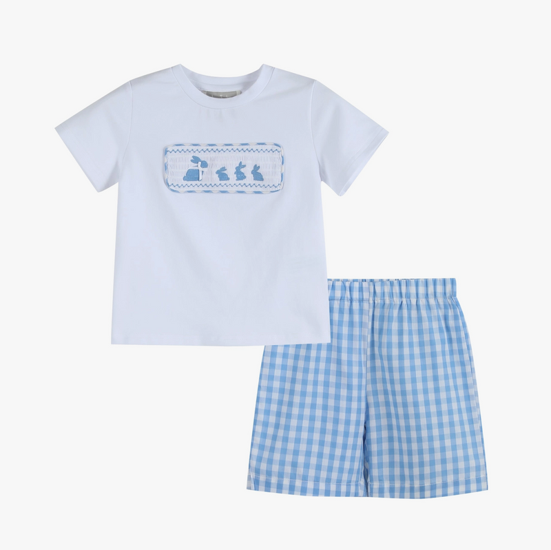 Bunny Family Smocked Tee and Blue Gingham Shorts Set