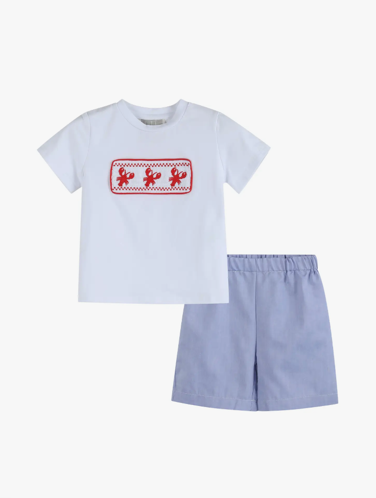 White Crawfish Smocked Tee and Denim Look Shorts Set