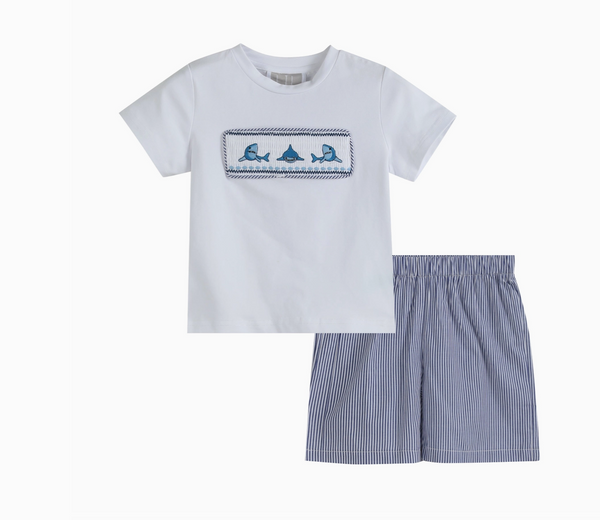 White Shark Smocked Tee and Navy Stripe Shorts Set