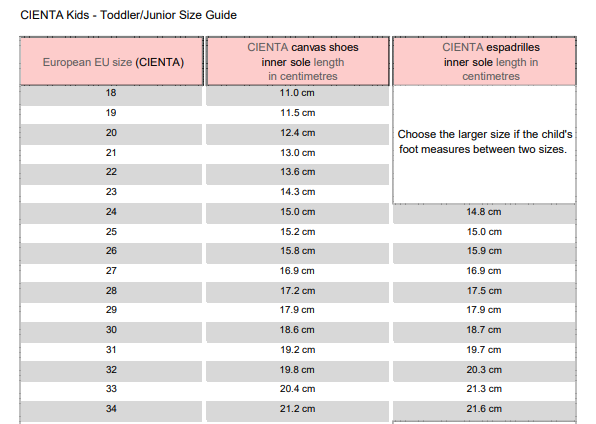 Cienta shoes sales size chart