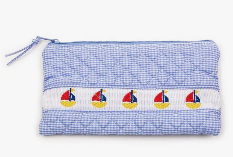 Smocked Blue Sailboat Accessory Pouch