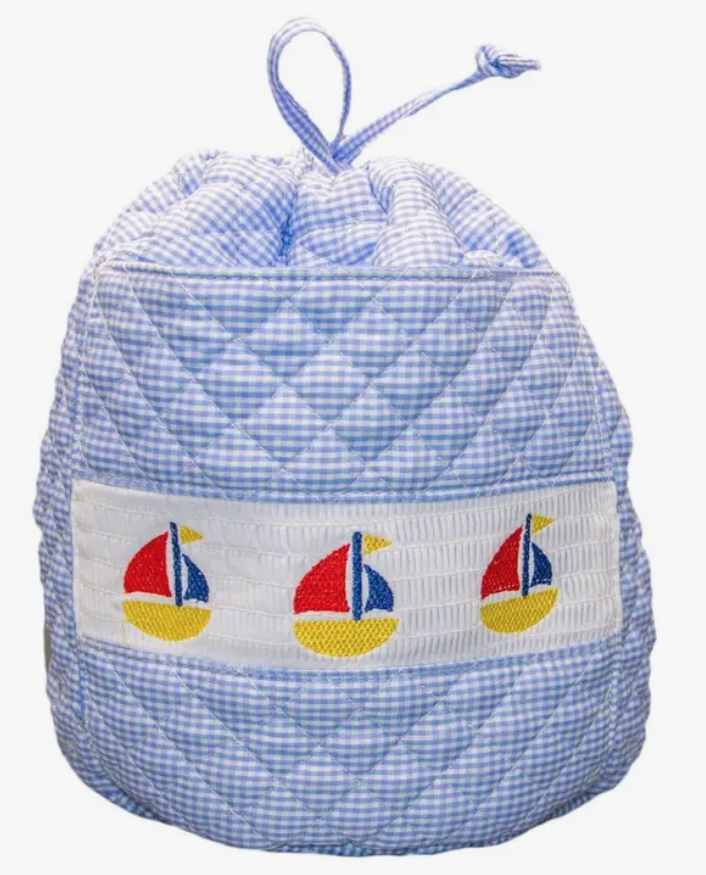 Smocked Blue Sailboat Ditty Bag