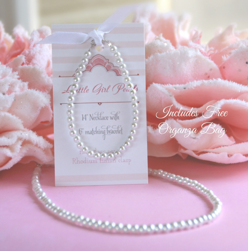 Little Girl Pearls Set with Organza Bag 6" bracelet and 14" Necklace
