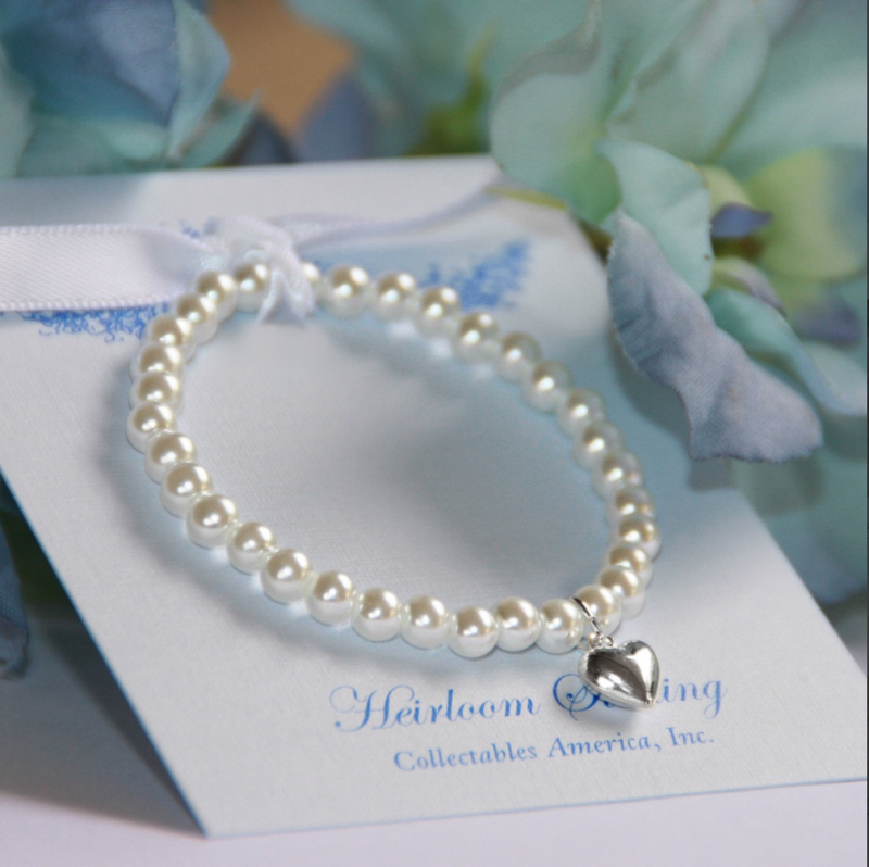 Stretchy 5" Top Selling Glass Pearl Bracelet with Sterling Silver Puff Heart